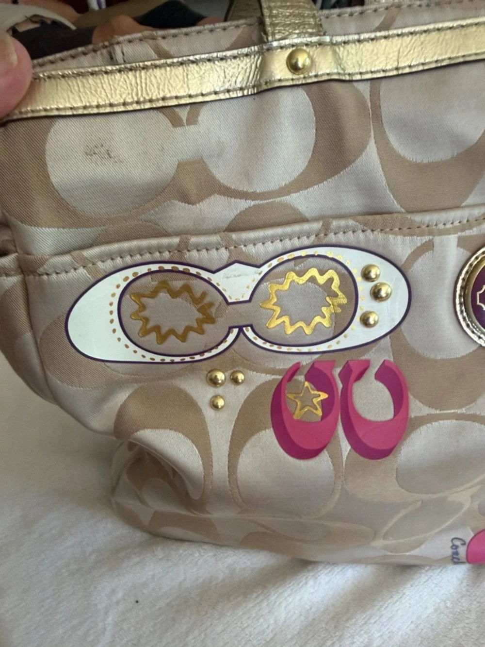 Vintage  Coach Beige Signature Graffiti Sateen Tote/Diaper Bag with Gold Trim